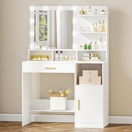 Hzuaneri Makeup Table with Mirror and 10 LED Lamps, Makeup Chest of Drawers with 3 Shelves and 4 Open Compartments, Large Drawer and Cabinet, 3 Adjustable Illumination Levels DT41303XEU