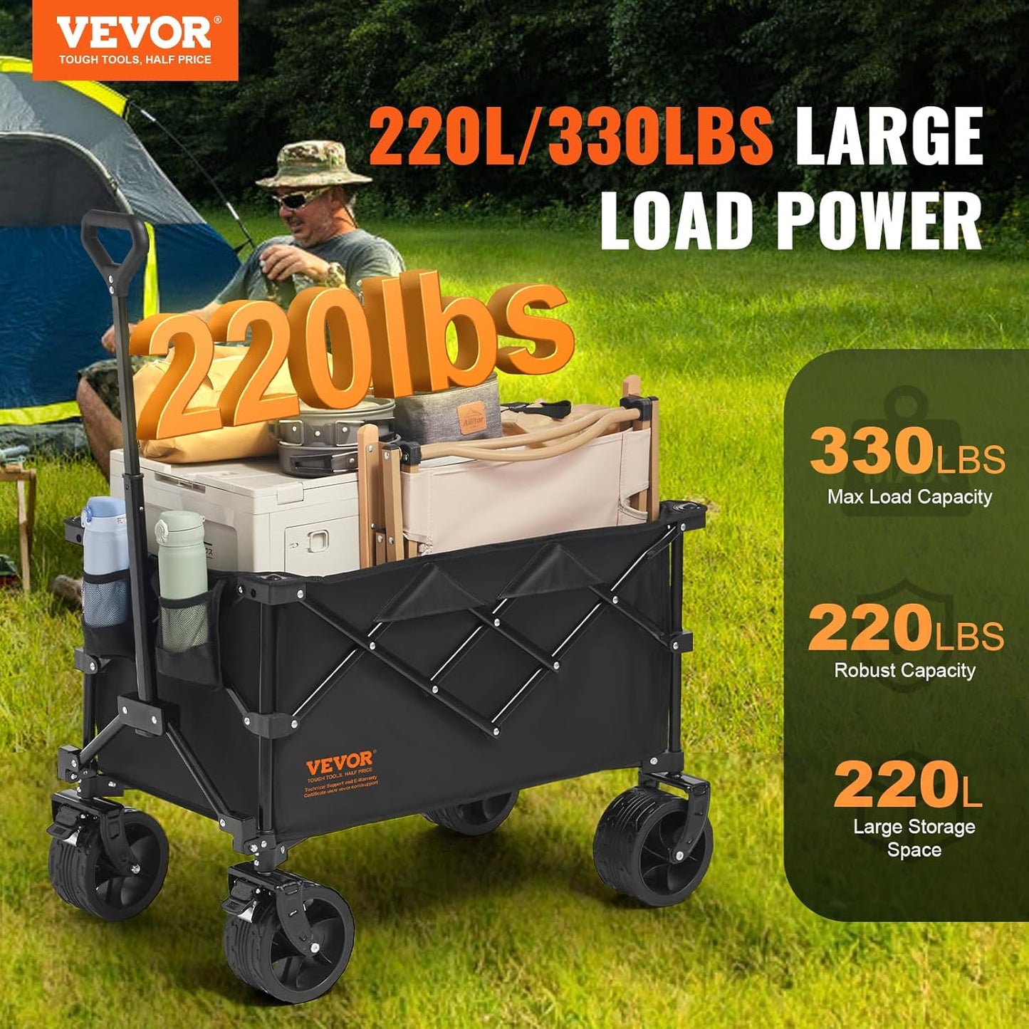 VEVOR 220L/350LBS Opvouwbare Wagon, Heavy Duty Beach Cart Met Grote Wielen, Outdoor Utility All Terrain Wagon Voor Boodschappen En Camping