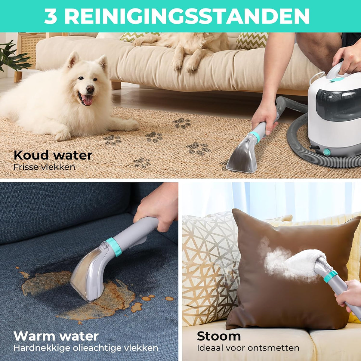 Tapijtreiniger – Vloerreiniger – Bekledingreiniger – Stofzuiger – Bankreiniger – Warm Waterfunctie Tot 60°C – Stoomfunctie Tot 100°C