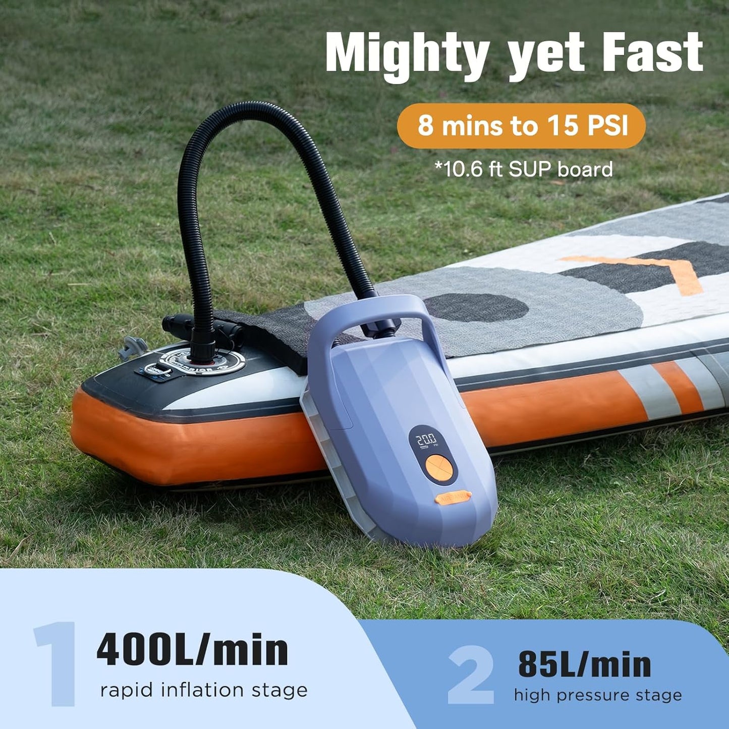 AIRBANK Oplaadbare SUP-pomp Whale Shark Pro, snelle inflatie en deflatie paddleboardpomp 20PSI, Auto-Off luchtpomp voor kajak, opblaasbare artikelen, boten, vliegers, matras (lichtpaars)