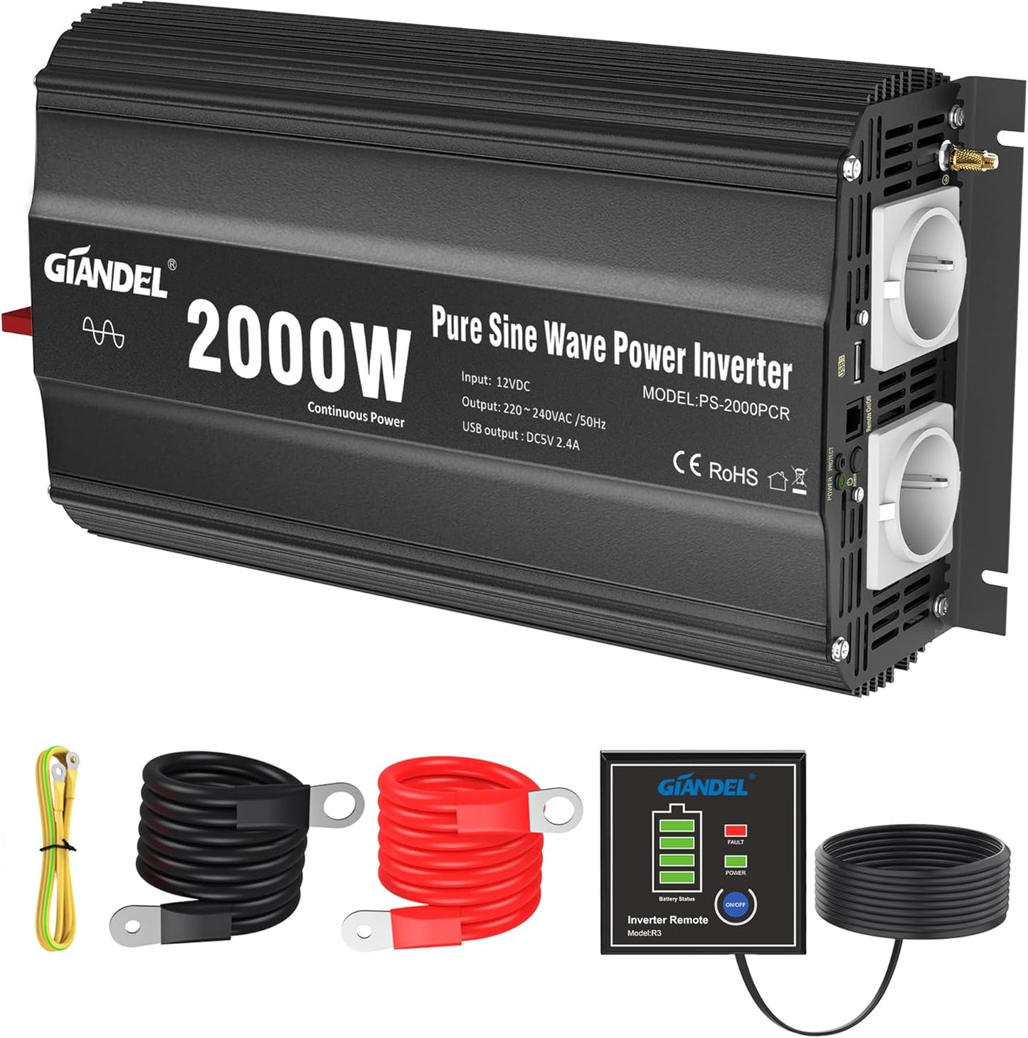 GIANDEL 2000 W omvormer, 12 V naar 230 V, zuivere sinus, auto-spanningsomvormer, compatibel met LifePO4 Power Inverter met afstandsbediening en USB-aansluitingen, voor camper, vrachtwagen, auto,