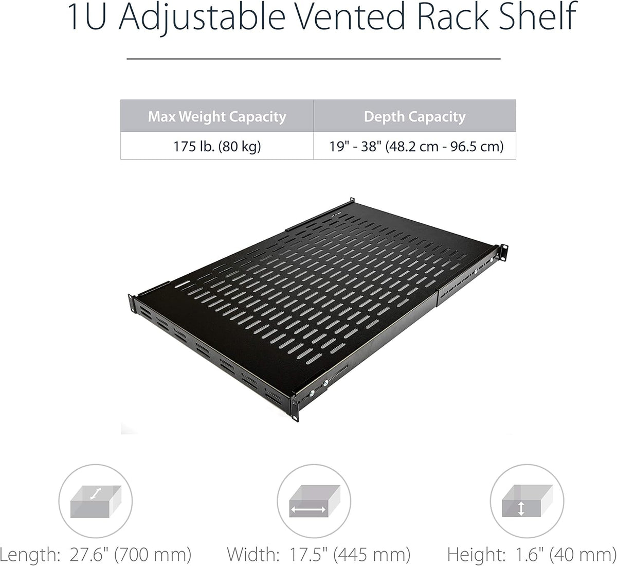 StarTech.com 1 HE Verstelbaar geperforeerd server rack mount opbergvak - 80 kg - 49 tot 97 cm instelbare inbouwdiepte universeel opbergvak voor 19" AV/netwerkkast - 70 cm diep (ADJSHELF)