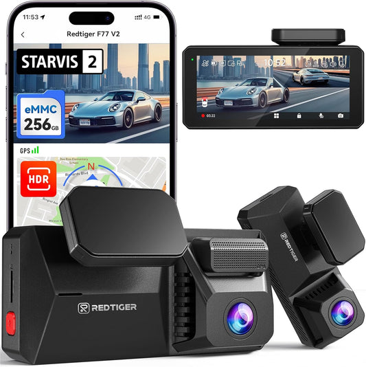 REDTIGER 4K + 4K dashcam auto voor achter met eMMC 256 GB, STARVIS 2 IMX678 met Dual HDR, spraakbediening, 4 inch touchscreen, wifi 5,8 GHz, GPS, nachtzicht HDR (F77 V2)