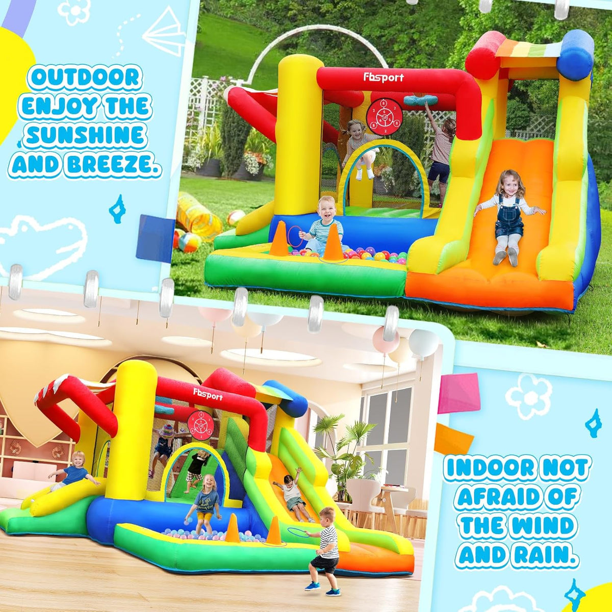 FBSPORT Opblaasbaar slot voor kinderen met dubbele glijbaan, trampoline, ballenbad, balwerper, klimwand en basketbalmand, voor binnen en buiten, 322 x 305 x 208 cm
