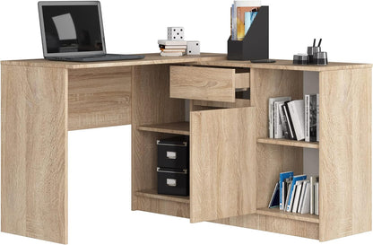 AKORD Corner desk B-17, 2-in-1 combination desk + chest of drawers with 1 drawer, 1 storage compartment with door and 2 open shelves, W120 x H79/77 x T126, 68 kg | Sonoma oak - QUORE