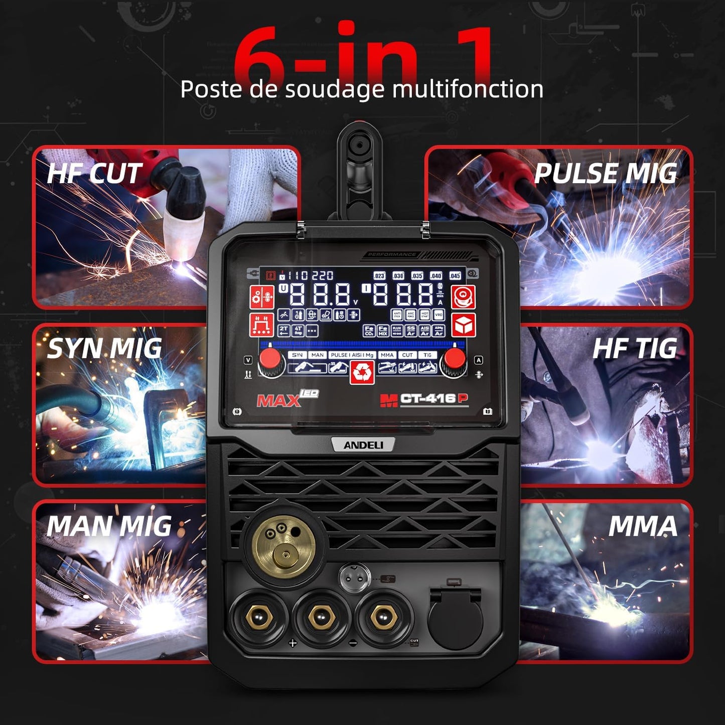 ANDELI MCT-416P 160A 6-in-1 lasapparaat - PulsMIG/HFTIG/plasmasnijden/MMA - 110/220V dual-spanning - aluminium lasapparaat