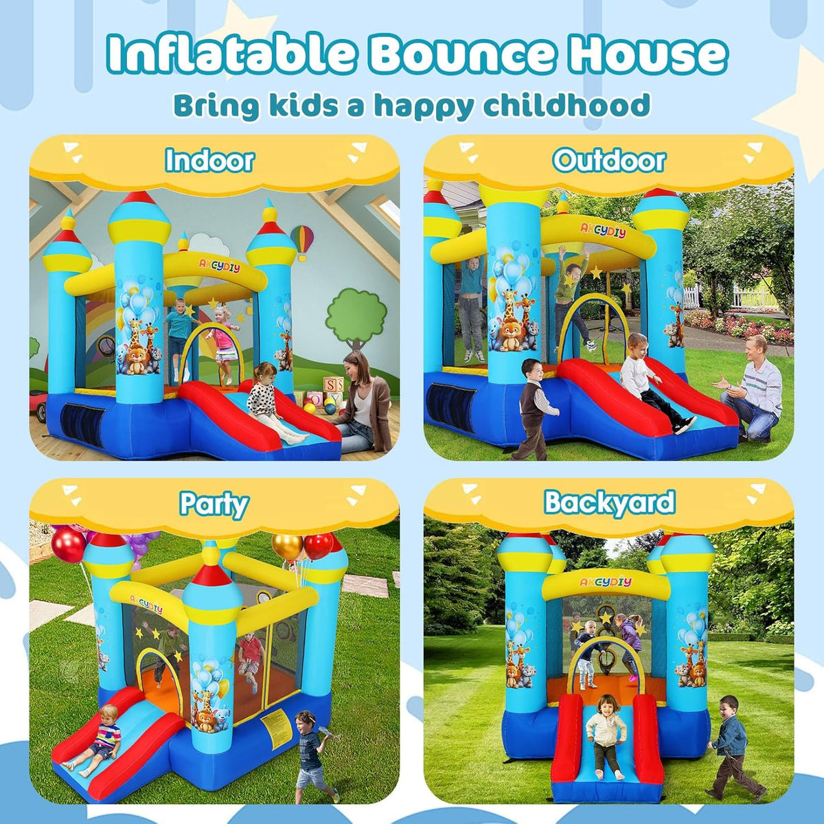 Springkasteel, indoor outdoor speelkasteel met ventilator, tropische jungle-dieren, party, springkasteel met glijbaan en springgedeelte, balwerpspel, opblaasbaar springkasteel als cadeau voor kinderen