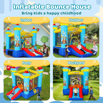 Springkasteel, indoor outdoor speelkasteel met ventilator, tropische jungle-dieren, party, springkasteel met glijbaan en springgedeelte, balwerpspel, opblaasbaar springkasteel als cadeau voor kinderen