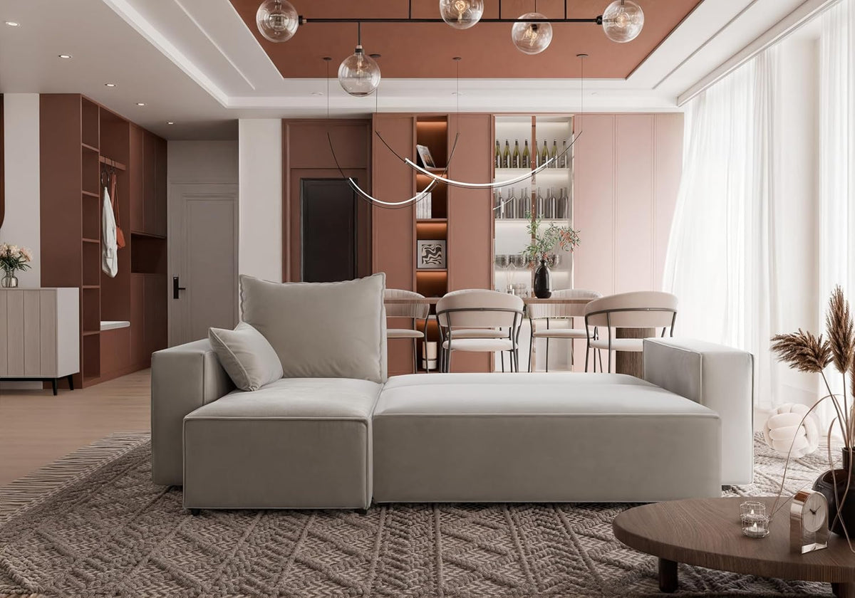 Corner sofa with sleeping function Tobi 246x145 cm - Sofa with bed drawer - corner sofa - L-shape - sofa bed - sofa bed with drawer - universal (Velo 623 Cappuccino) - QUORE
