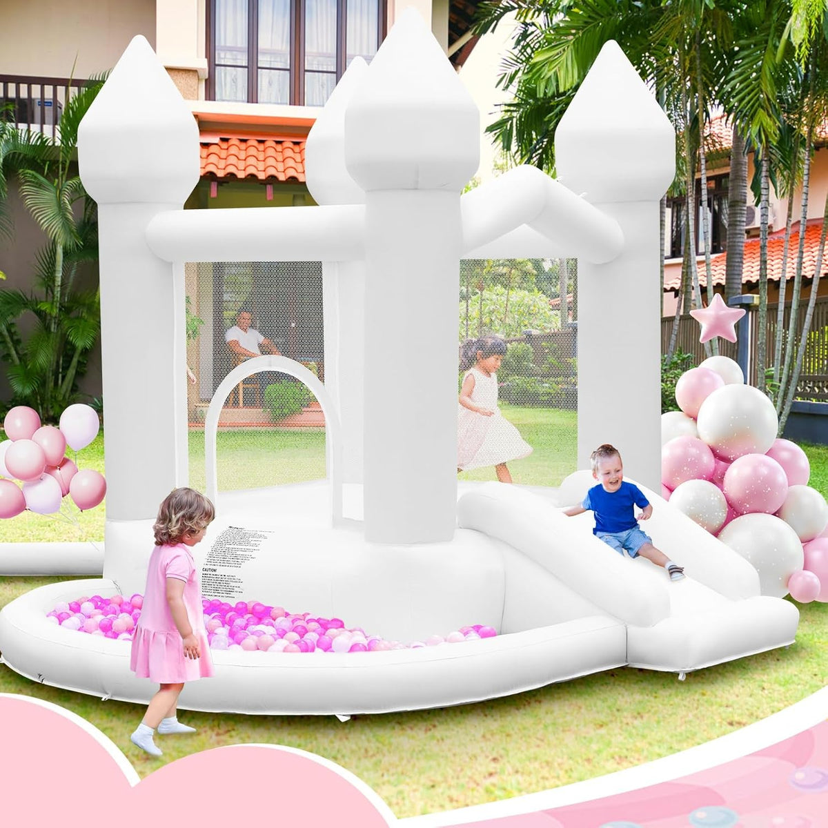 Opblaasbaar kasteel met luchtpomp, opblaasbaar kinderkasteel met glijbaan, groot ballenbad voor bruiloft, feest, tuin, verjaardag, voor 3-10 jaar, tot 140 kg