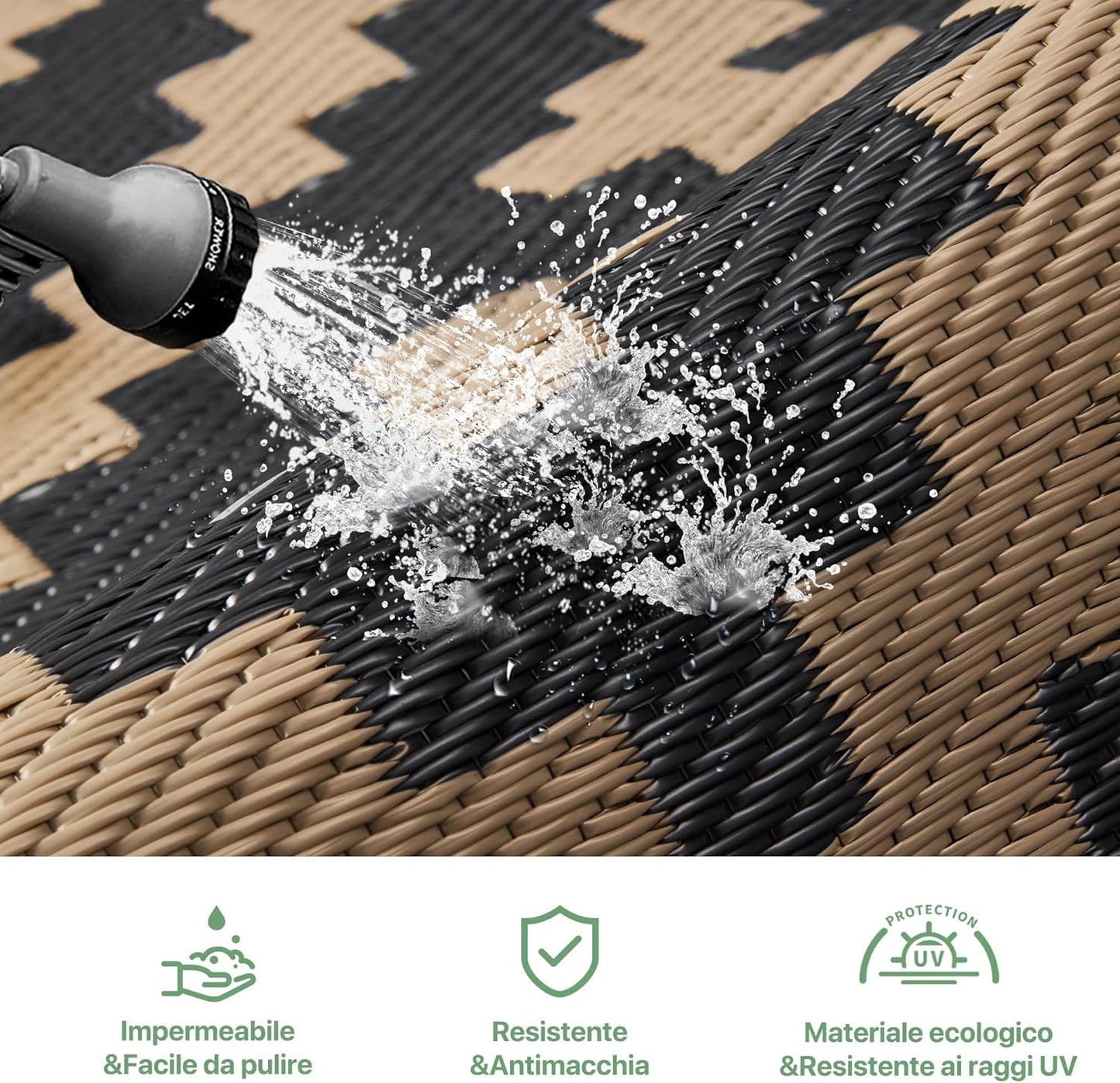GENIMO Tapijten Voor Buiten Waterdicht Omkeerbaar Tapijt Camper, Balkon, Patio, Terras, 275x550cm, Ruit Zwart en Bruin