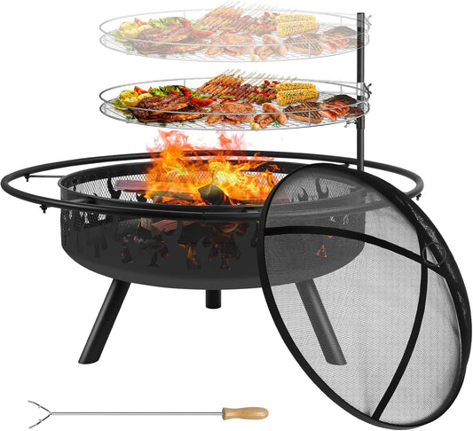Kalolary 36 Inch Grote Buitenvuurkorven, 2 in 1 Tuinvuurkorf met Stalen BBQ Grill Kookrooster Vuurkorf met Deksel en Vuurpook Zwarte Hittebestendige Vuurkorf voor Tuin, Kampvuur, Kamperen, Picknick