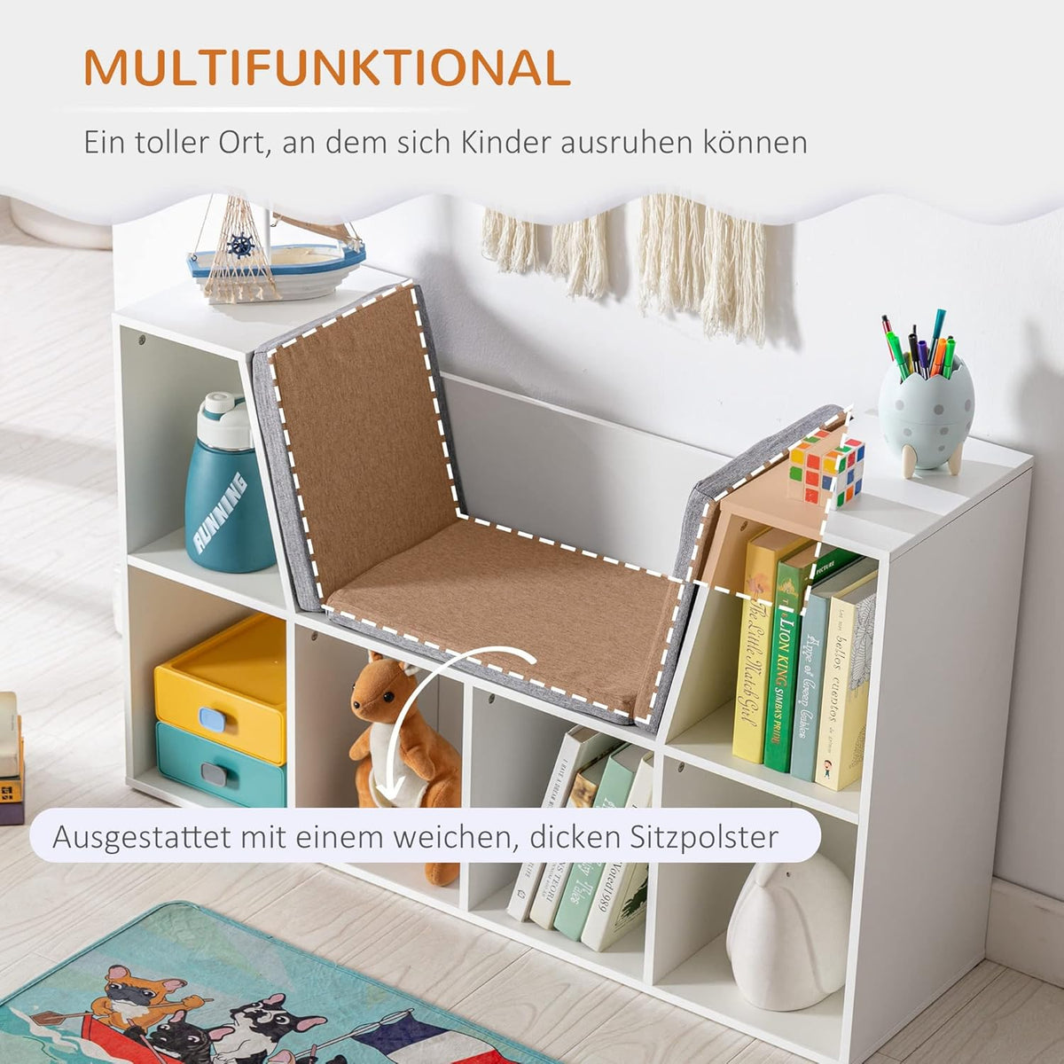 HOMCOM Children's Shelf Bookshelf with Stool Children's Bench with 6 Compartments Seat Box with 3 Cushions Toy Box from 3 Years Foam White + Grey 103 x 30 x 60 cm - QUORE