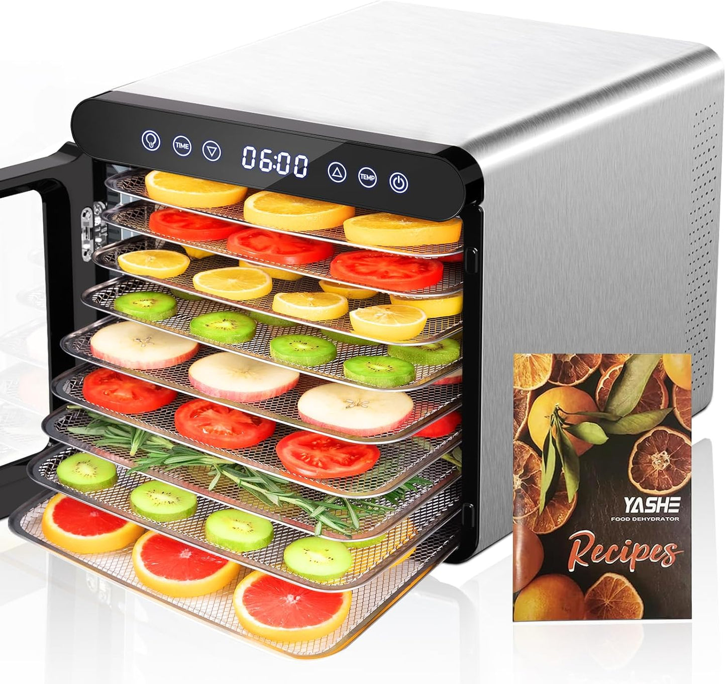 YASHE Roestvrijstalen droogautomaat met digitale besturing (temperatuur tot 75 °C, timer tot 48 uur), 9 plateaus voor groenten en fruit, ventilator aan de achterkant voor 360° luchtcirculatie, 800 W