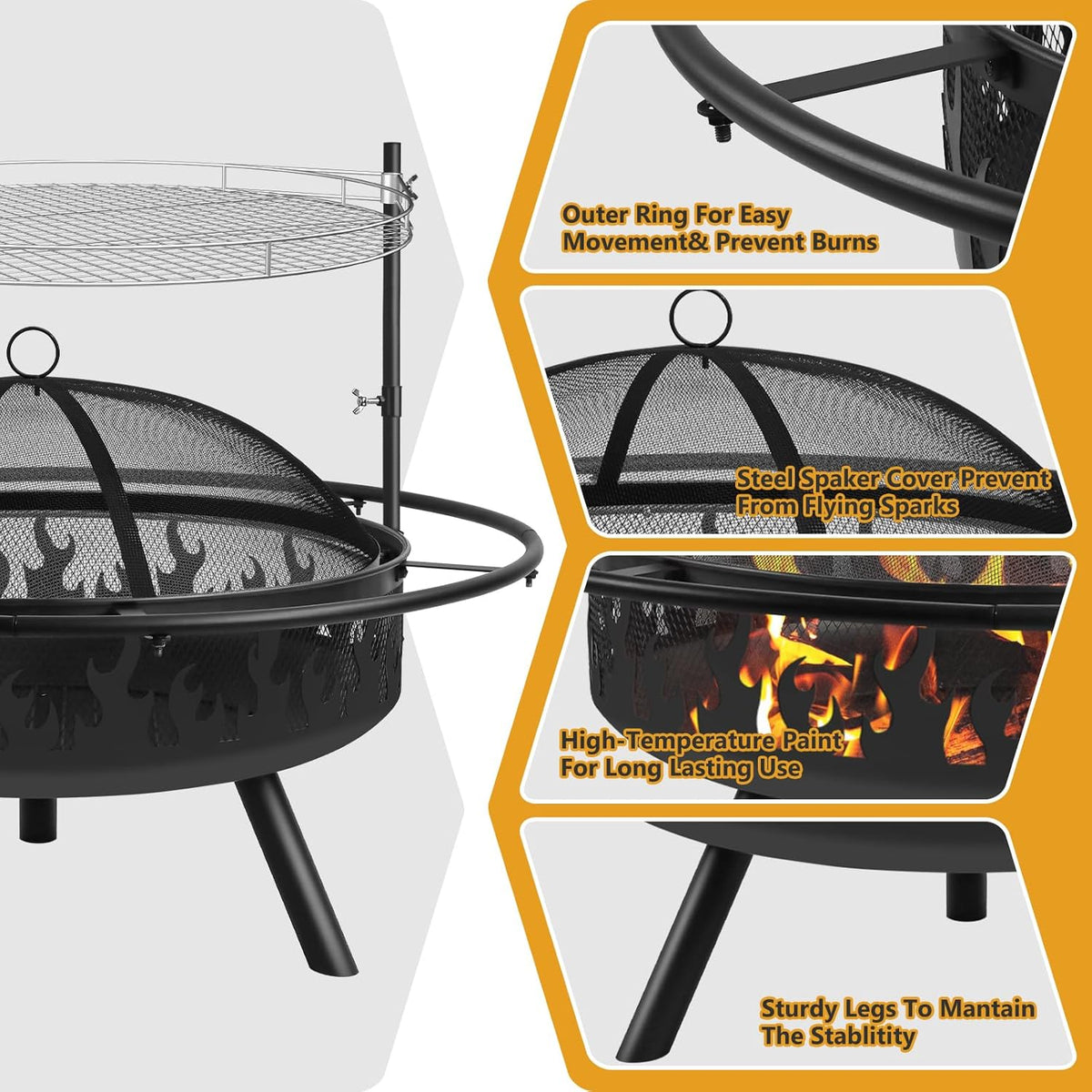 Kalolary 36 Inch Grote Buitenvuurkorven, 2 in 1 Tuinvuurkorf met Stalen BBQ Grill Kookrooster Vuurkorf met Deksel en Vuurpook Zwarte Hittebestendige Vuurkorf voor Tuin, Kampvuur, Kamperen, Picknick