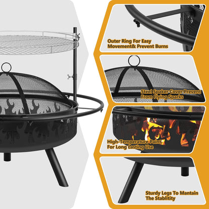 Kalolary 36 Inch Grote Buitenvuurkorven, 2 in 1 Tuinvuurkorf met Stalen BBQ Grill Kookrooster Vuurkorf met Deksel en Vuurpook Zwarte Hittebestendige Vuurkorf voor Tuin, Kampvuur, Kamperen, Picknick