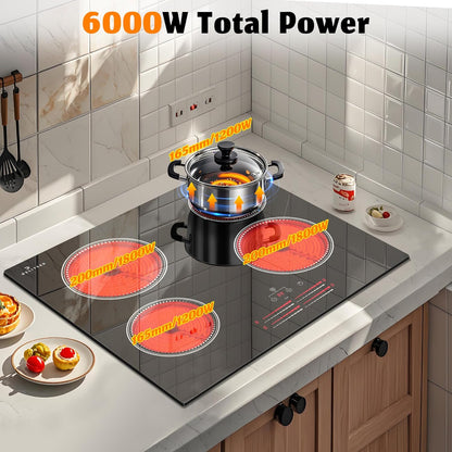 Keramische kookplaat, 4 platen, 60 cm, zelfvoorzienende keramische kookplaat, inbouw, 6000 W, onafhankelijke verwarmingszoneregeling, veiligheidsslot, timer, geen stekker, 240 V, 32 A