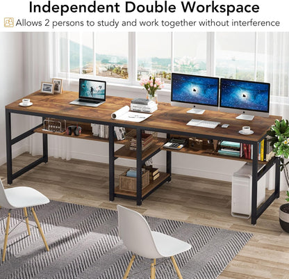 Tribesigns Double Desk with Bookshelf, 78.7 Computer Office Double Desk for Two People, Rustic Writing Desk Workstation with Shelf for Home Office (Brown)