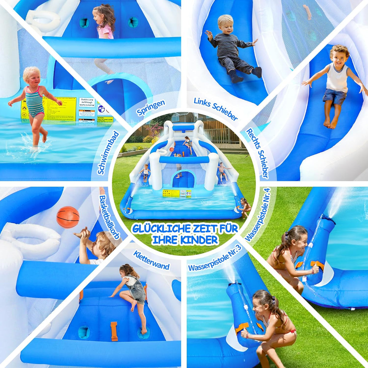 Opblaasbaar waterspeelpark, springkasteel met waterglijbaan, trampoline, basketbalkorf en 2 waterpistolen, outdoor springkasteel voor kinderen, geschikt voor tuin en feest - QUORE