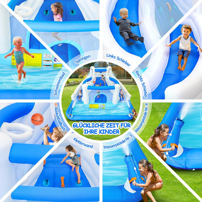 Opblaasbaar waterspeelpark, springkasteel met waterglijbaan, trampoline, basketbalkorf en 2 waterpistolen, outdoor springkasteel voor kinderen, geschikt voor tuin en feest - QUORE