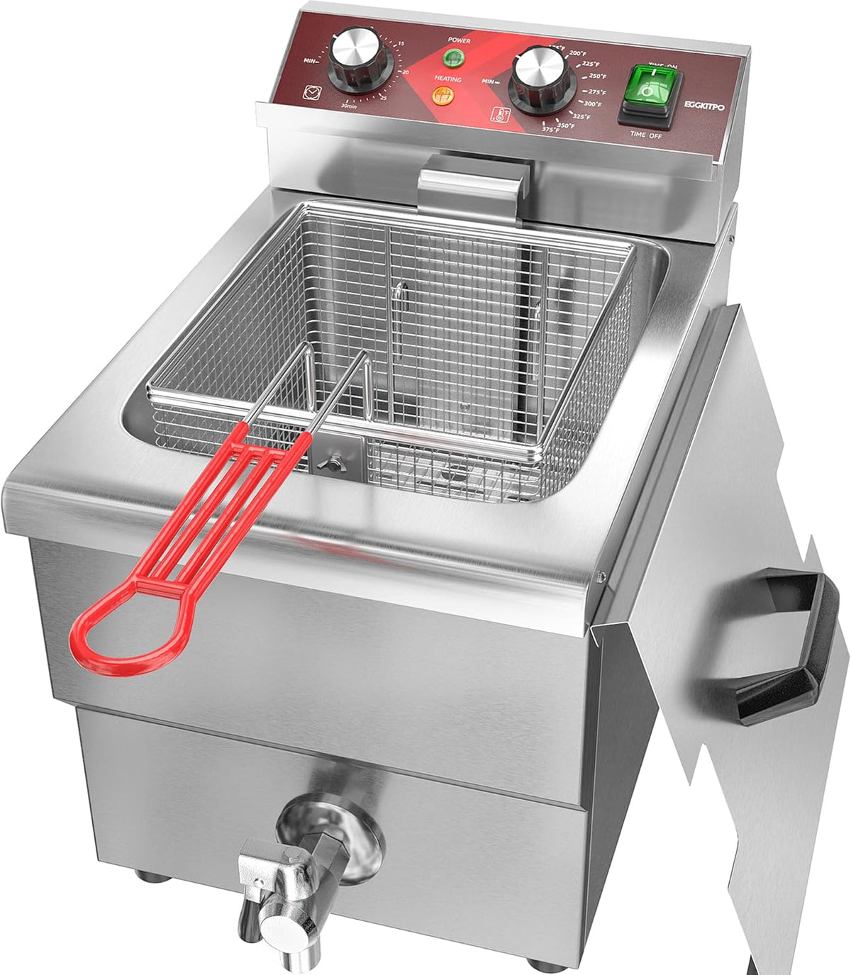 EGGKITPO Elektrische friteuse, groot, 12 liter, met olie-afvoer en timer, diepe friteuse met mand en deksel, werkblad, friteuse van roestvrij staal, commerciële friteuse voor restaurant en