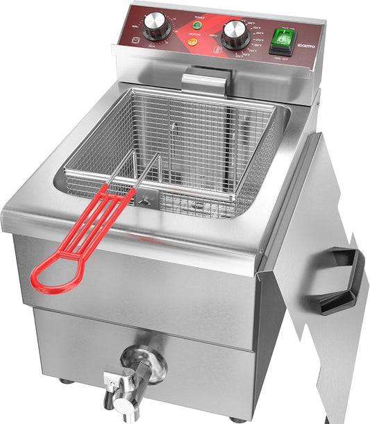 EGGKITPO Elektrische friteuse, groot, 12 liter, met olie-afvoer en timer, diepe friteuse met mand en deksel, werkblad, friteuse van roestvrij staal, commerciële friteuse voor restaurant en