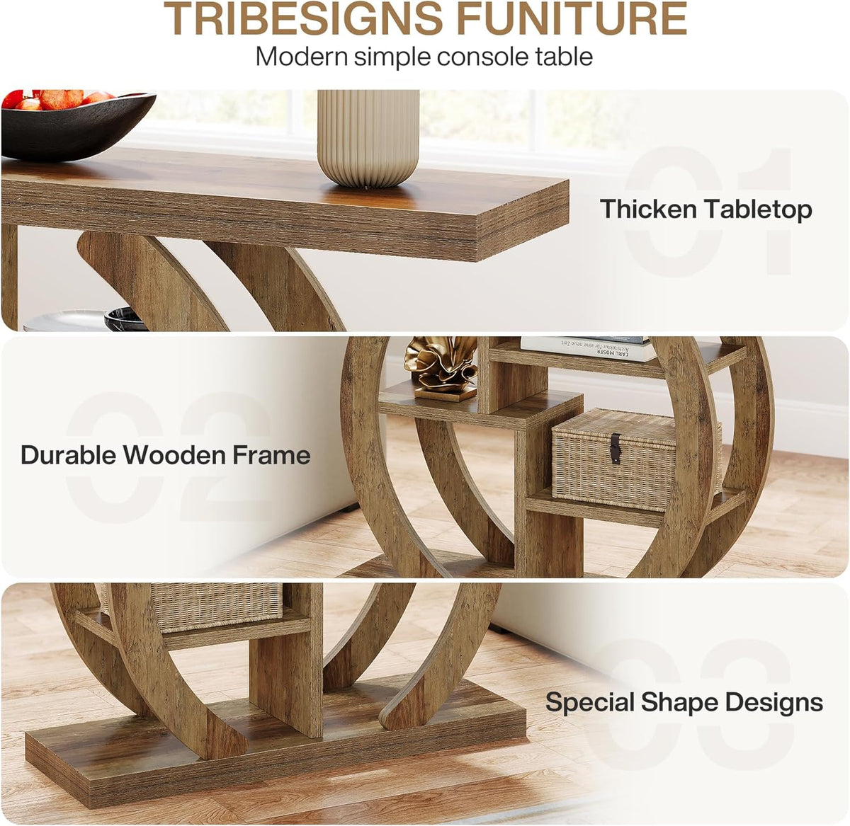 Tribesigns Console Table 108 cm, 4 Step Sofa Table, Entrance Table with Circle Base, Wooden Accent Tables with Storage, Shelves for Living Room, Hallway, Foyer, Light Oak Brown