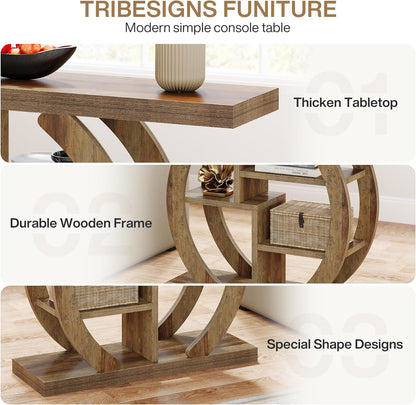 Tribesigns Console Table 108 cm, 4 Step Sofa Table, Entrance Table with Circle Base, Wooden Accent Tables with Storage, Shelves for Living Room, Hallway, Foyer, Light Oak Brown