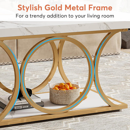 Tribesigns Rectangular Coffee Table, Modern Living Room Table, 2-Tier Artificial Marble Coffee Table, Geometric Legs Furniture with Storage Compartment (White and Gold)