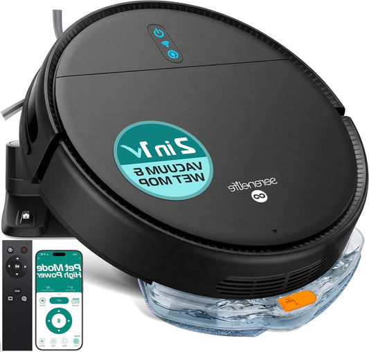 SereneLife Smart Robot Vacuum Cleaner with Mop Function – App Control, 3 Cleaning Modes, Anti-fall Sensors, Automatic Charging, 700Pa Suction Power, Ideal for Pets, Carpet & Hard Floors – Black - QUORE