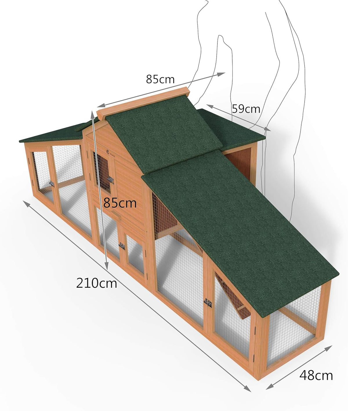 vounot Wooden chicken coop with nest box and perch, chicken coop, 2 chickens, 210 x 85 x 85 cm, with ramps and lockable doors, large activity area, ideal for chickens, small animals, rabbits