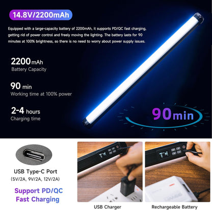 VILTROX K60 2-pack grote draagbare sticklamp, 32 Wh oplaadbare batterij 20 W 1950 lm RGB LED-videolamp met PD snel opladen CRI 97+ 2500 K-8500 K LCD-scherm, 22,8 "buislicht voor fotografie Lichtstaf