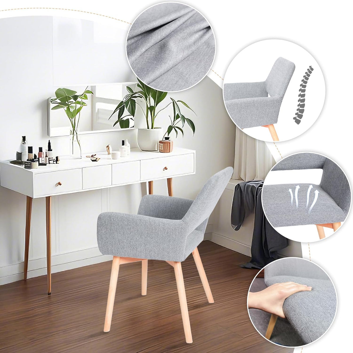 CangLong Eetkamerstoel, set van 2 - Modern, Scandinavian, Dining Chairs - Comfortabel, Duurzaam, Elegant - Grijs, Wood, Fabric