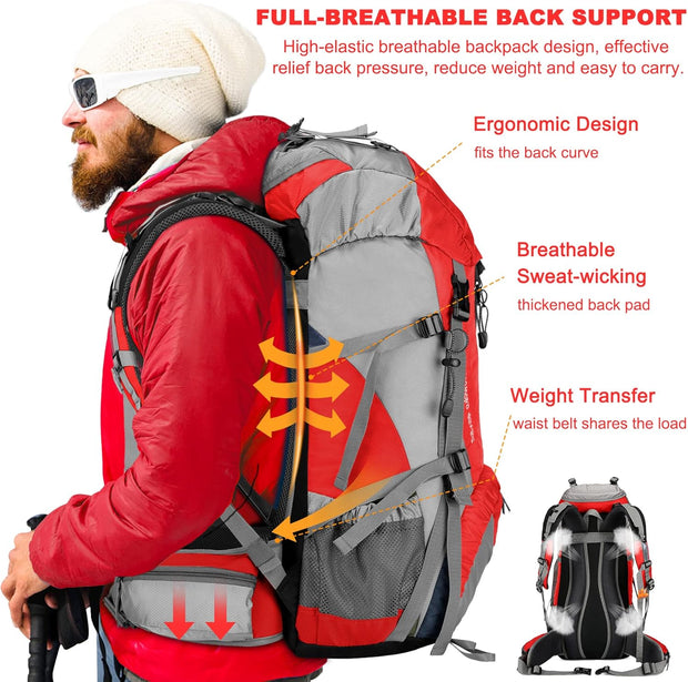 Wandelrugzak - Kampeertas - Trekking rugzak - Camping Essentials Tas - met Regenhoes 50L - Lichtgewicht - Waterdichte - 8 Verstelbare Riemen - Nylon - Rood