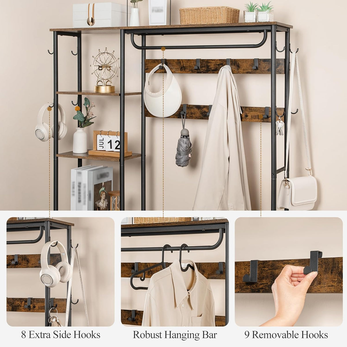 Hzuaneri Hall Tree, Coat Rack with 3-Tier Storage Bench and 1 Drawer, 5-in-1 Hallway Bench with 17 Hooks, 1 Hanging Bar, 4-Tier Side Shelves, Rustic Brown HT03501B
