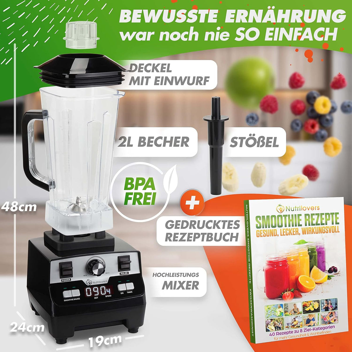 NUTRI-BLENDER MAX Blenders met kan 2000 W standmixer smoothie smoothiemaker professionele mixer blender - 2L Tritan, BPA-vrij, 9 niveaus, digitale timer