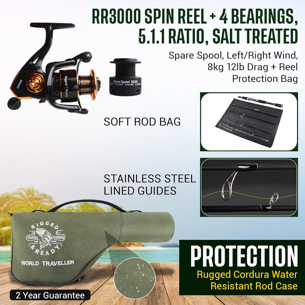 World Traveller Travel Hengel Reel & Case Set. Compact 6 secties 2 Tips. 215cm 7' + 1.9cm 6' 1" Nano-Carbon Hengel Opties. Spin aas Karper Snoek Zee Vissen