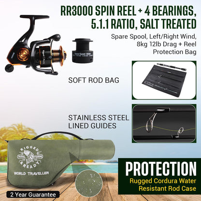 World Traveller Travel Hengel Reel & Case Set. Compact 6 secties 2 Tips. 215cm 7' + 1.9cm 6' 1" Nano-Carbon Hengel Opties. Spin aas Karper Snoek Zee Vissen