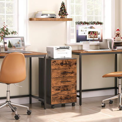 HOOBRO Archiefkast, Rolcontainer met 5 Laden, Houten Bureaukast, Commode Opbergkast, Industriële Stijl, Eenvoudige Montage, Rustiek, Donkerbruin en Zwart EBF05WJ01