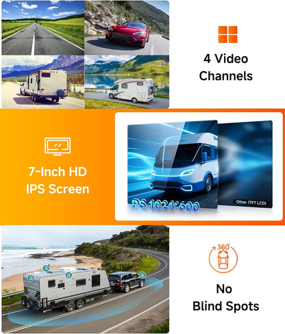 4 x draadloze achteruitrijcamera met 7 inch IPS-monitor, BSD-systeem, quad-scherm, parkeerhulp, achteruitrijcamera voor auto AHD 1080p met nachtzicht/IP68 voor SUV