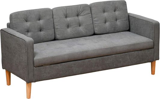 HOMCOM 3 Seater Sofa Fabric Sofa Double Sofa Removable with Cushion Rubberwood Cotton Grey 167 x 62 x 82 cm - QUORE