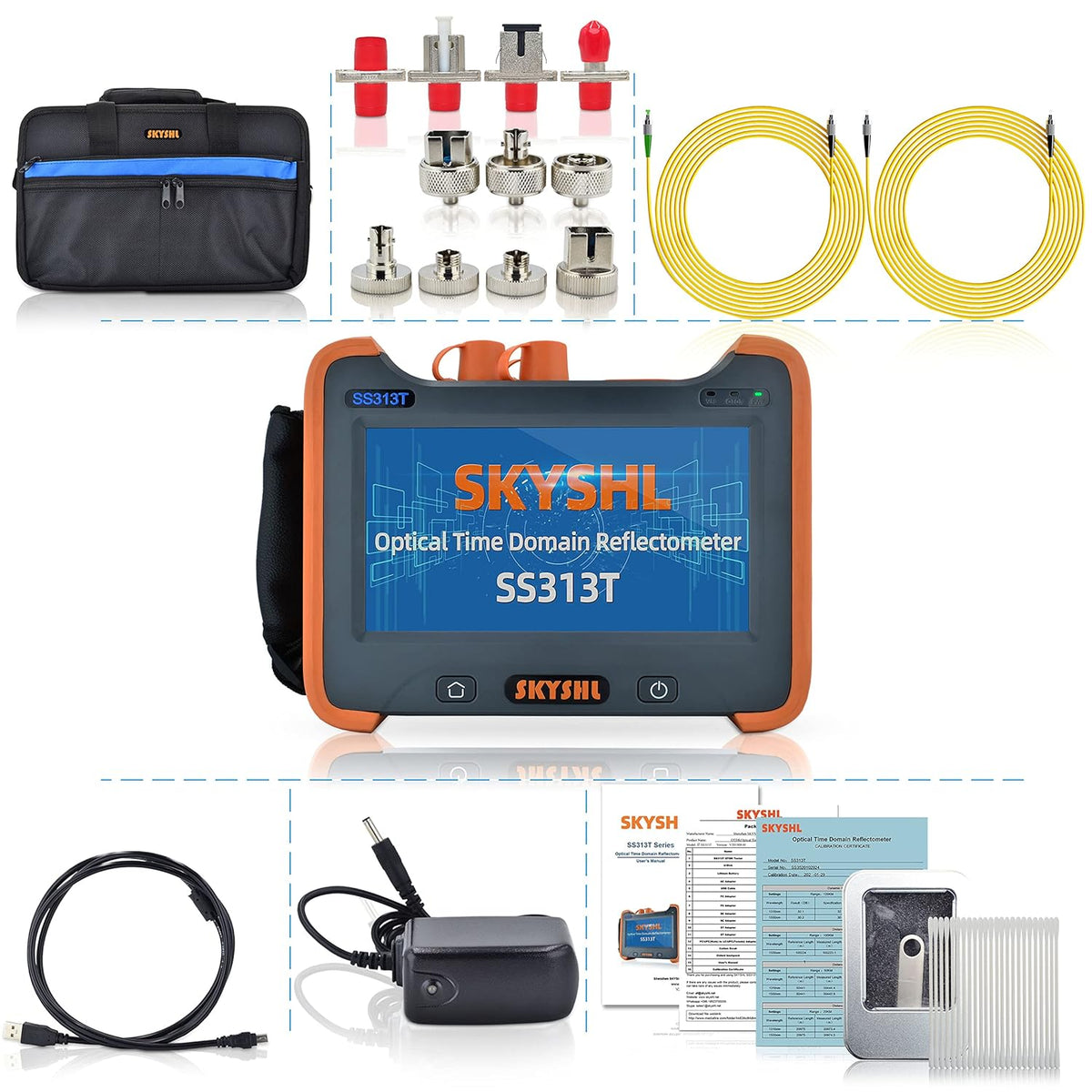 1310nm/32dB en 1550nm/30dB SM OTDR Singlemode Glasvezel Tester Met OPM+OLS+VFL+Evenementenkaart+7-inch Touchscreen Optische Reflectometer voor APC&UPC SC+ST+FC+LC Connector-SS313T-2A1