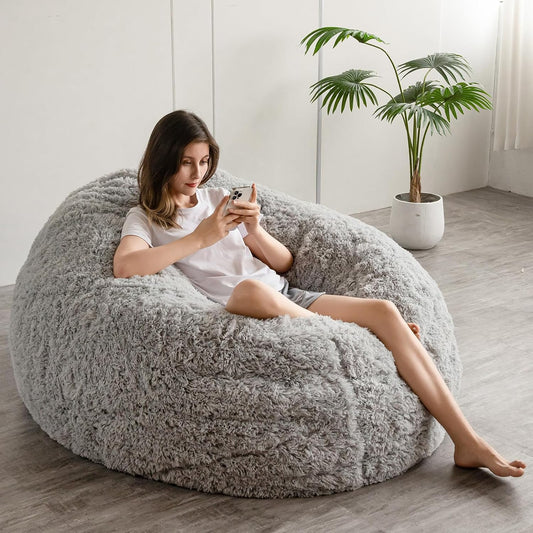 MAXYOYO Gigantische zitzakbed - ronde zitzakstoel - grote bank met lange hoes van imitatiebont en pluizige vulling inbegrepen voor volwassenen, stellen, gasten (grijs, 150 x 150 cm)