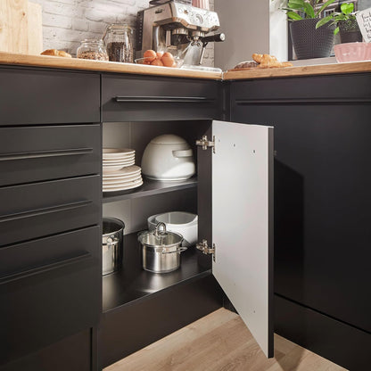 Jazz Moderne hoekkast, keuken met werkblad in mat zwart, lanzelot eikenlook, ruime hoekonderkast met veel opbergruimte, 115 x 90 x 60 cm (b x h x d)