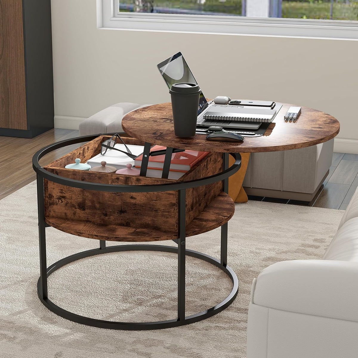 HOJINLINERO Ronde salontafel met lifttop voor woonkamer, Wsooden salontafel met verborgen opslag en lifttop, moderne sofa thee-eindtafels woonkamermeubels, bruin