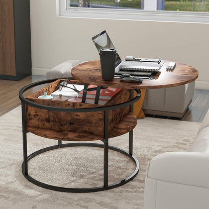 HOJINLINERO Ronde salontafel met lifttop voor woonkamer, Wsooden salontafel met verborgen opslag en lifttop, moderne sofa thee-eindtafels woonkamermeubels, bruin