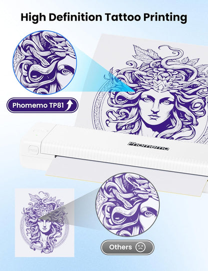 Phomemo TP81 Tattoo Printer, Stencil Printer with 10 Pcs Tattoo Stencils Paper, Thermal Tattoo Machine for Beginners or Artist Home Use or Studio, Pink - QUORE
