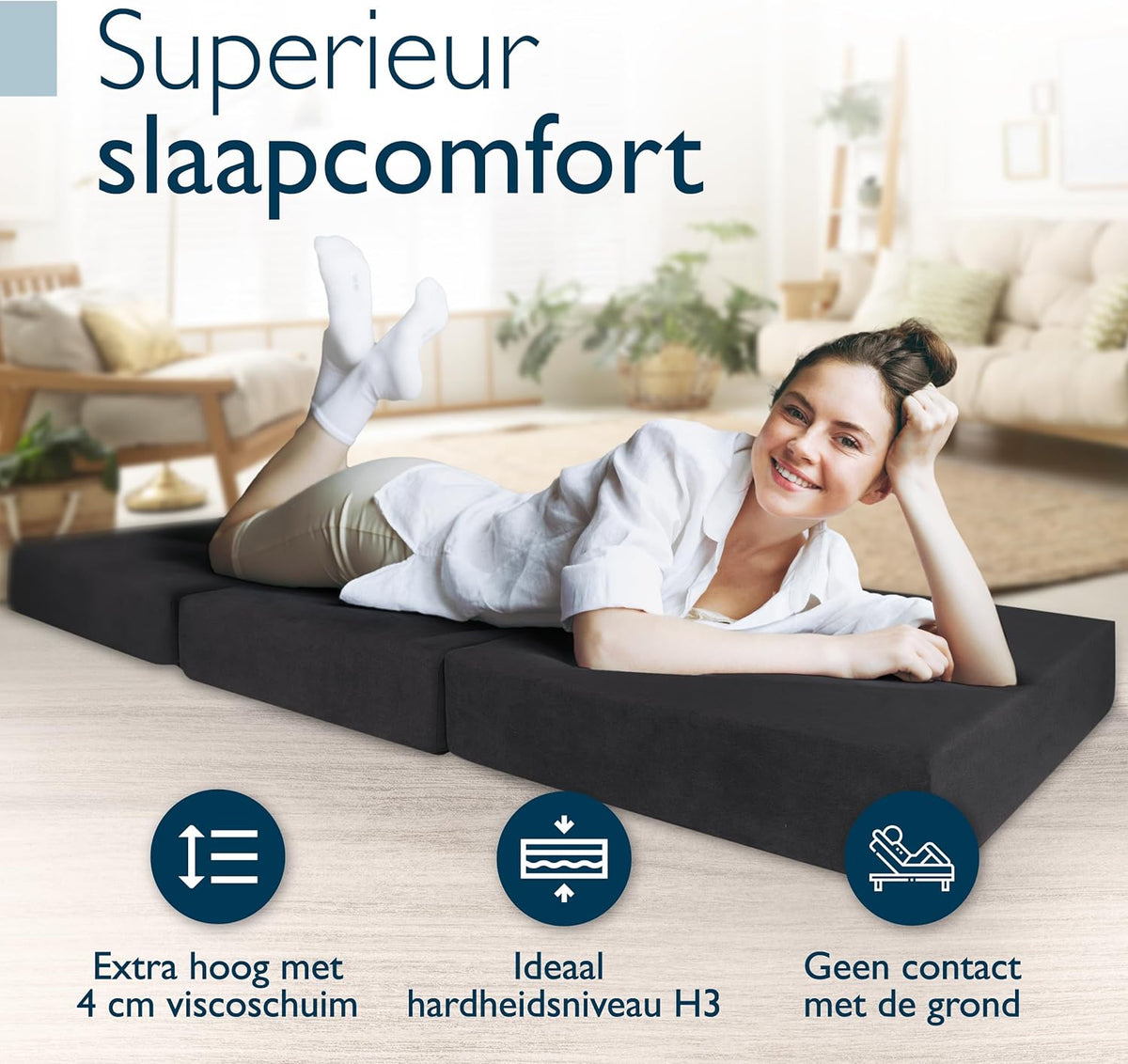 Beautissu Premium L Vouwmatras 75x195 cm inkl. Hoes Wasbar – Opvouwbaar Gastenmatras Logeermartas Extra Dik 14 cm Traagschuim Matras H3 – Eenvoudig Transport & Hoog Slaapcomfort – Antraciet