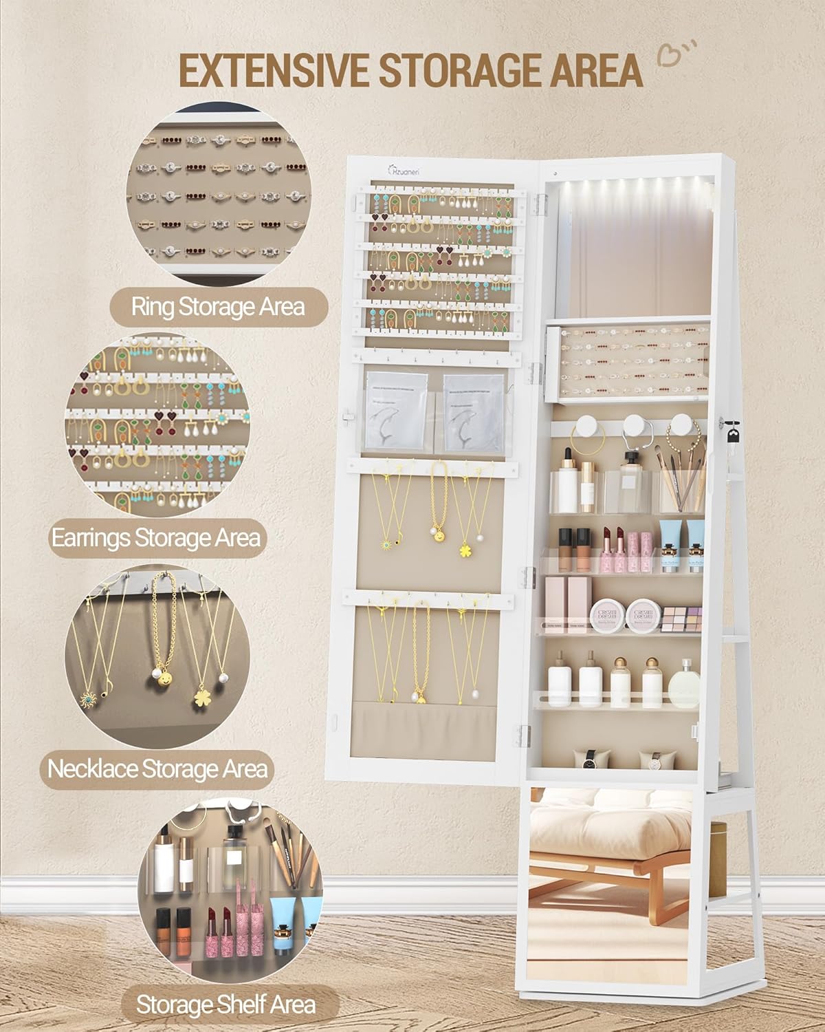 Hzuaneri Jewellery cabinet, with 360° rotating base, lockable mirror in full length, large 4-stage storage compartments, 4-in-1 multifunctional (white and beige)