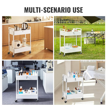 VEVOR Laboratoriumwagen met 2 niveaus, medische trolley van roestvrij staal, serveerwagen, grote draagkracht 100 kg, met 2 laden, voor laboratorium, salon, ziekenhuis, tandgebruik, wit